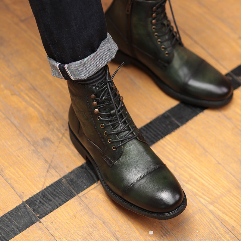 British Style Men's Mid-High Leather Martin Boots, Coffee
