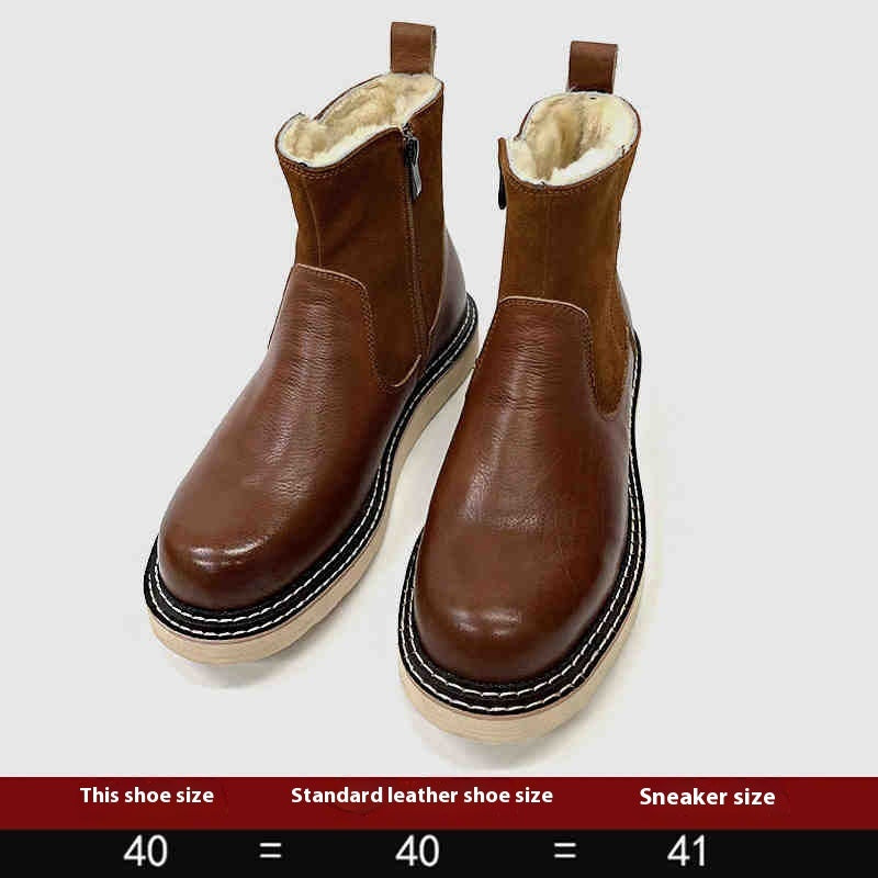 Men's Leather Sheepskin Fur Snow Boots - Zippered Flat