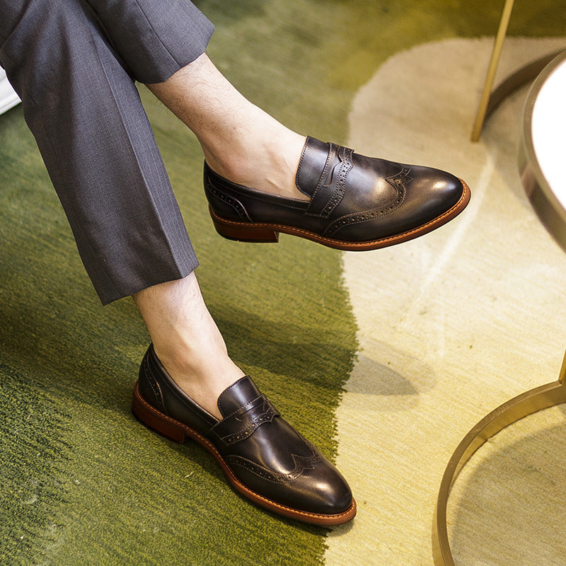 Handmade Men’s Leather Brooch Carved Loafers