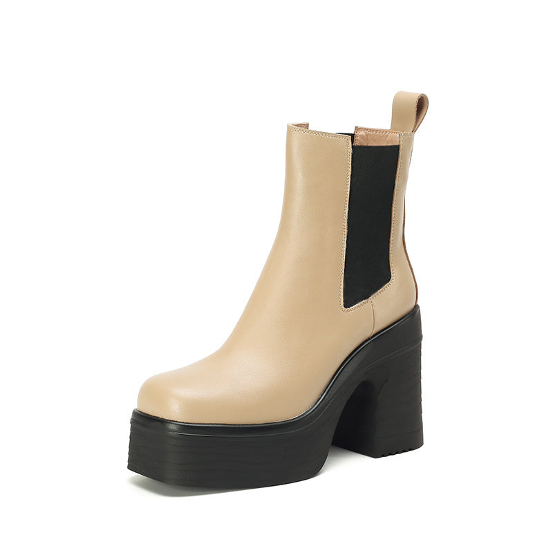 Square Toe Chunky Heel Platform Ankle Boots - Apricot/Black