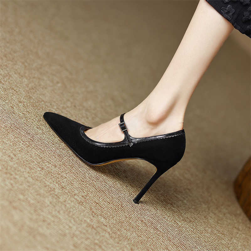 Leather Stiletto Buckle Shoes - Pointed Toe, High Heel