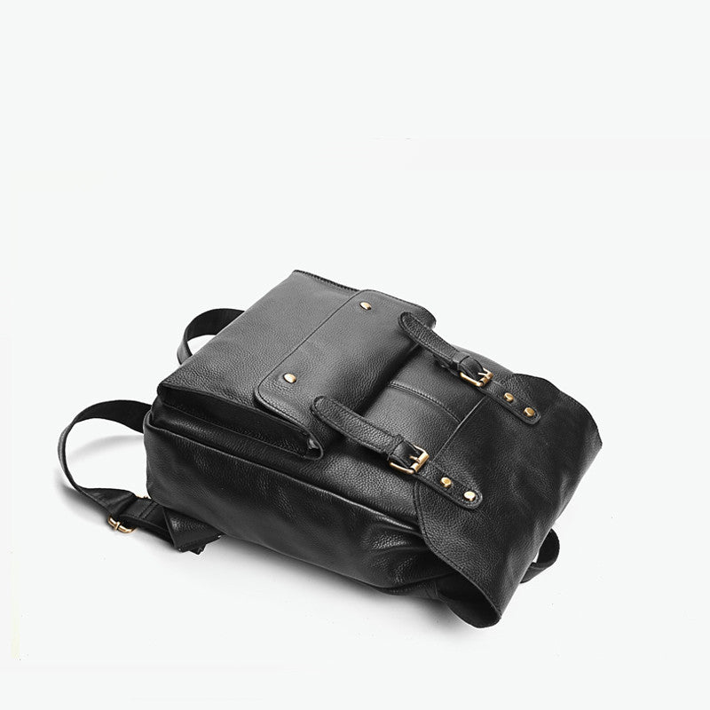 Large Capacity Women's Cowhide Leather Backpack, Black/Brown