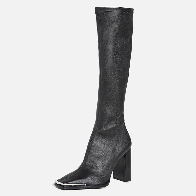 Chunky Heel Leather Slim Over-the-Knee Boots