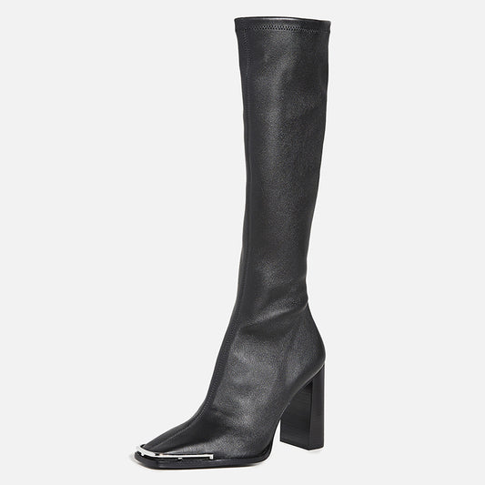 Chunky Heel Leather Slim Over-the-Knee Boots