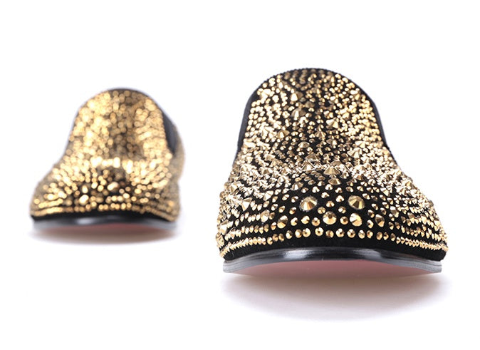 Men's Black Abrasive Leather Golden Diamond Casual Shoes