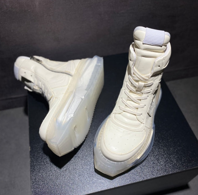 Men's White Leather High Top Sneakers, Rubber Sole