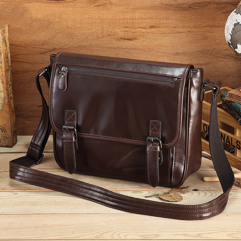 Men's Coffee Head Layer Cowhide Crossbody Shoulder Bag
