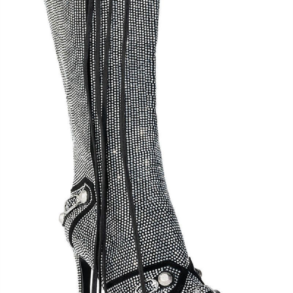 Needle Buckle Rhinestone Suede Slim Heel Boots