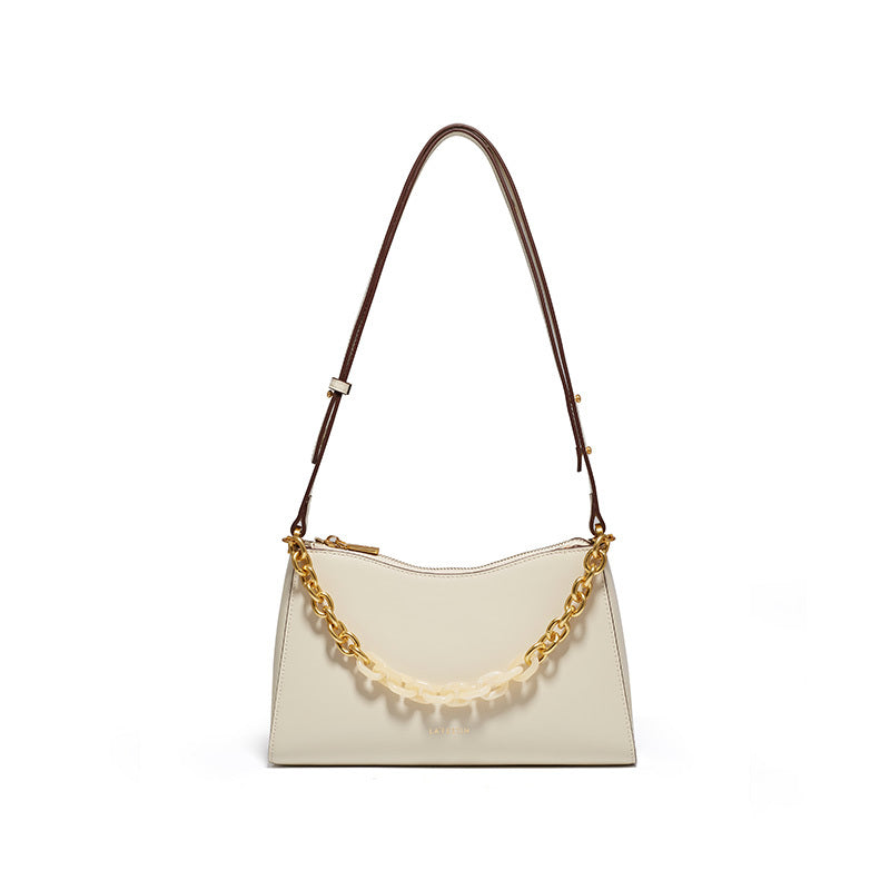 Women's French Baguette Leather Shoulder Bag - Beige Tones