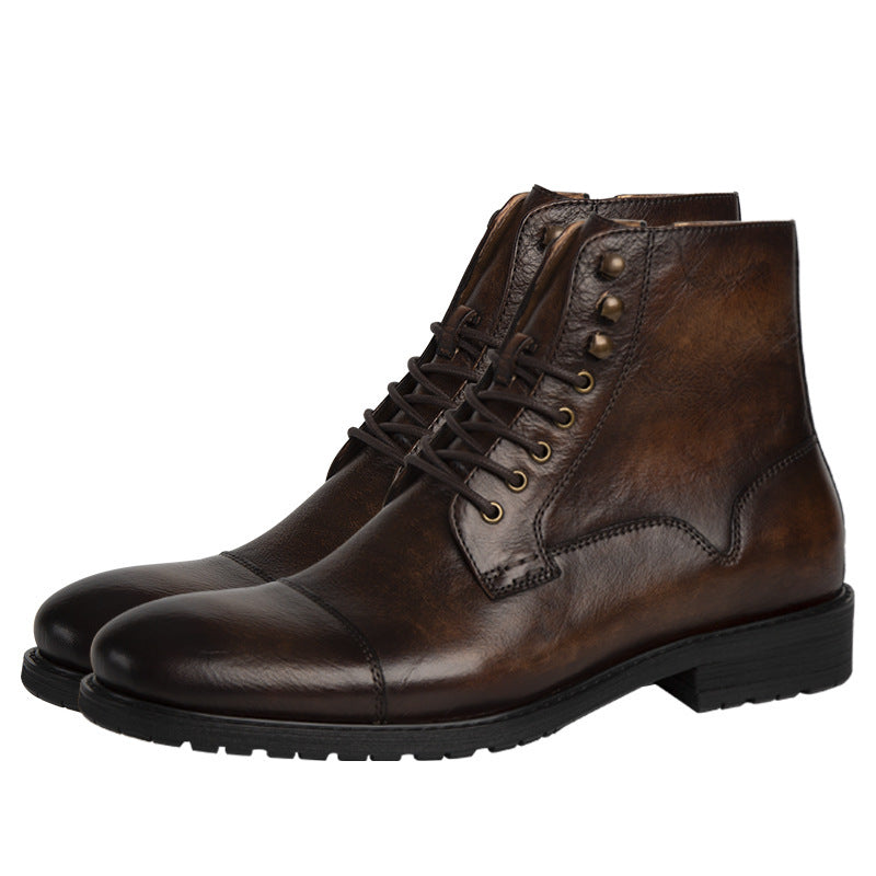 British Style Men's Mid-High Leather Martin Boots, Coffee