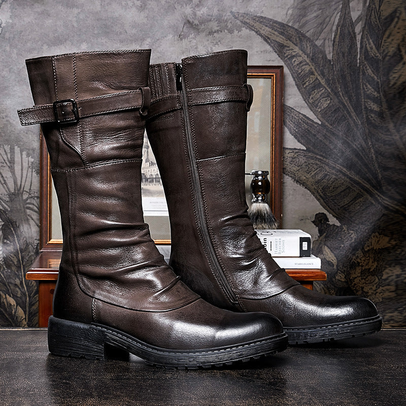 Men's High Top Platform Biker Boots, Side Zip, Black/Brown