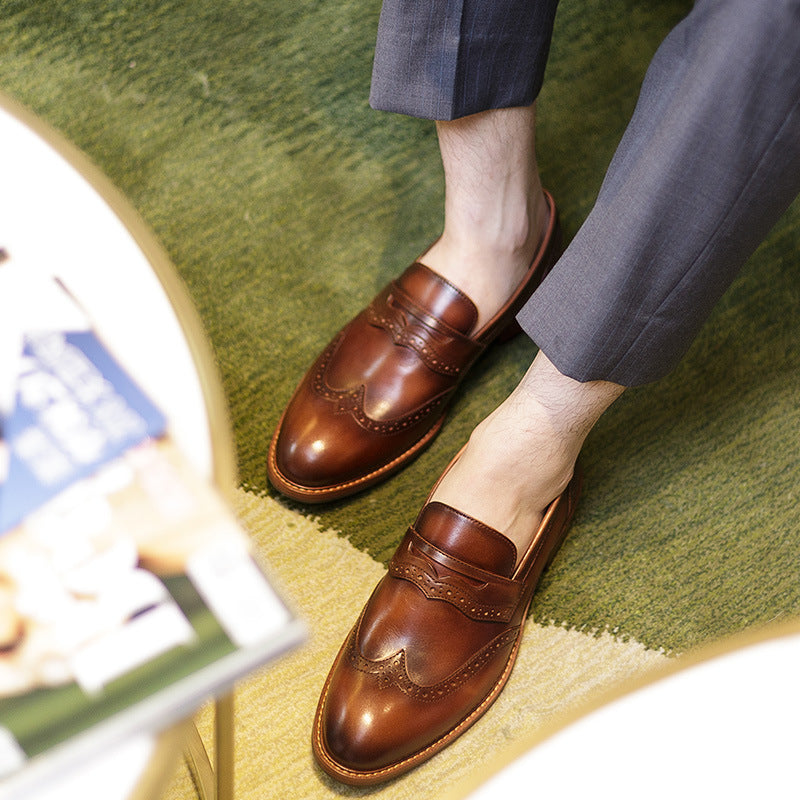 Handmade Men’s Leather Brooch Carved Loafers