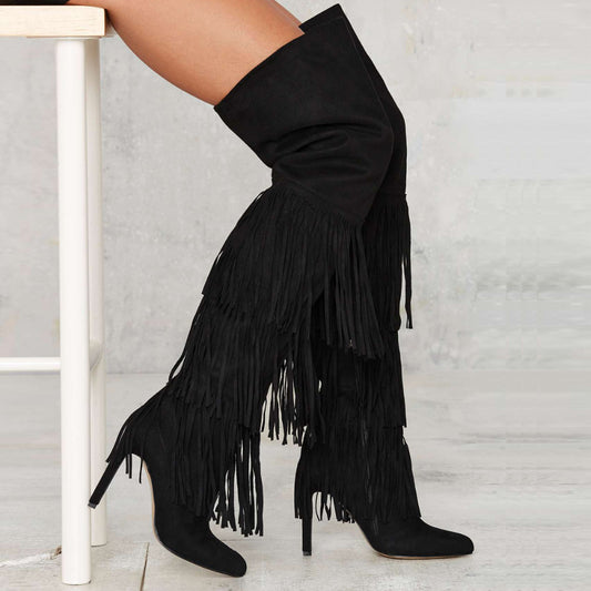 Fringed Suede Over-the-Knee Stiletto Boots