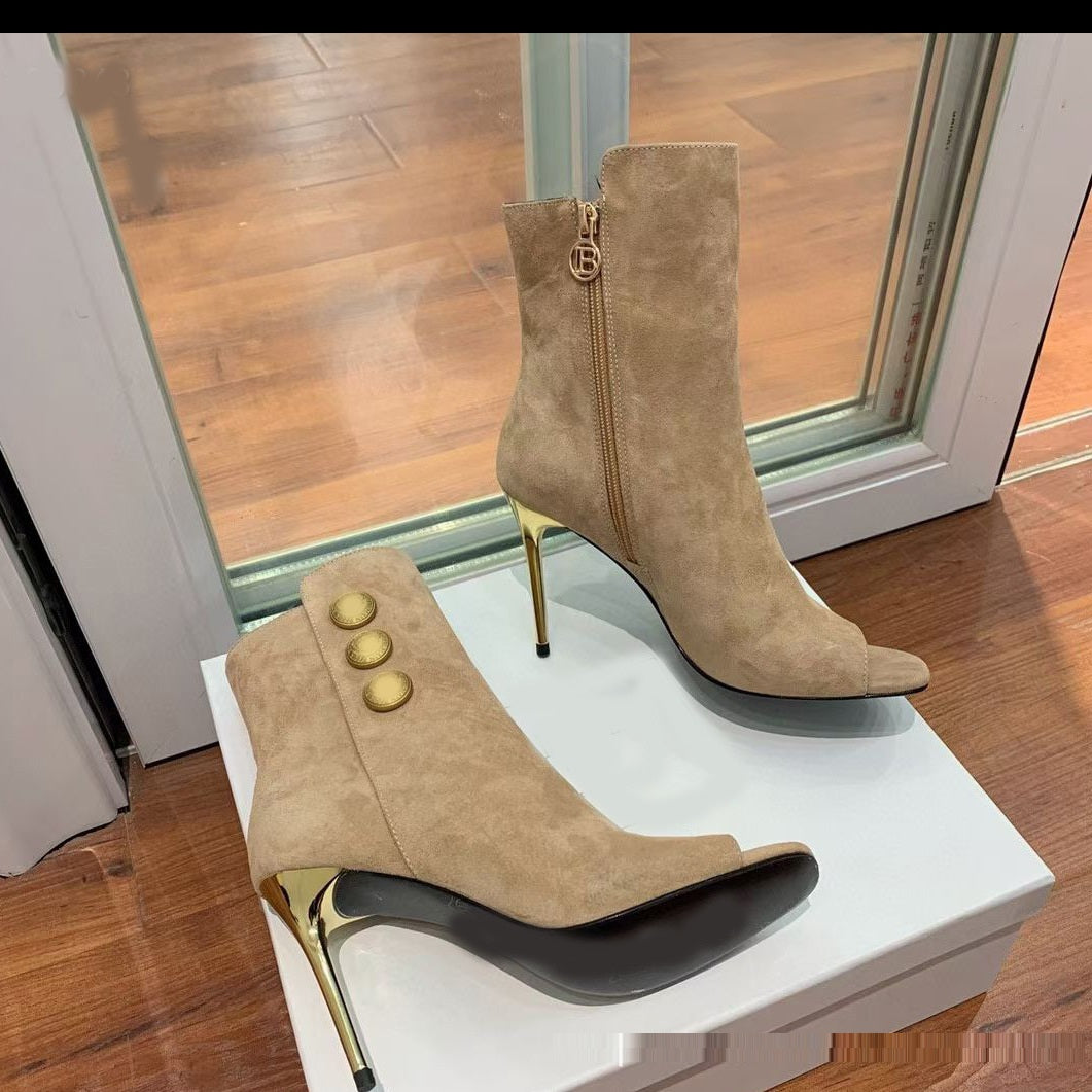 Fish Mouth Ankle Boots - Metal Buckle, 10.5cm Heel