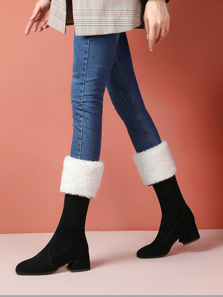 Korean Style Stretch Knee High Boots with Mid Heel