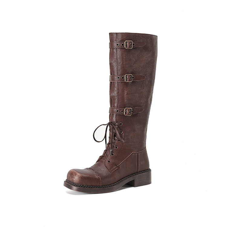 Women’s Round Toe Chunky Heel Leather Boots