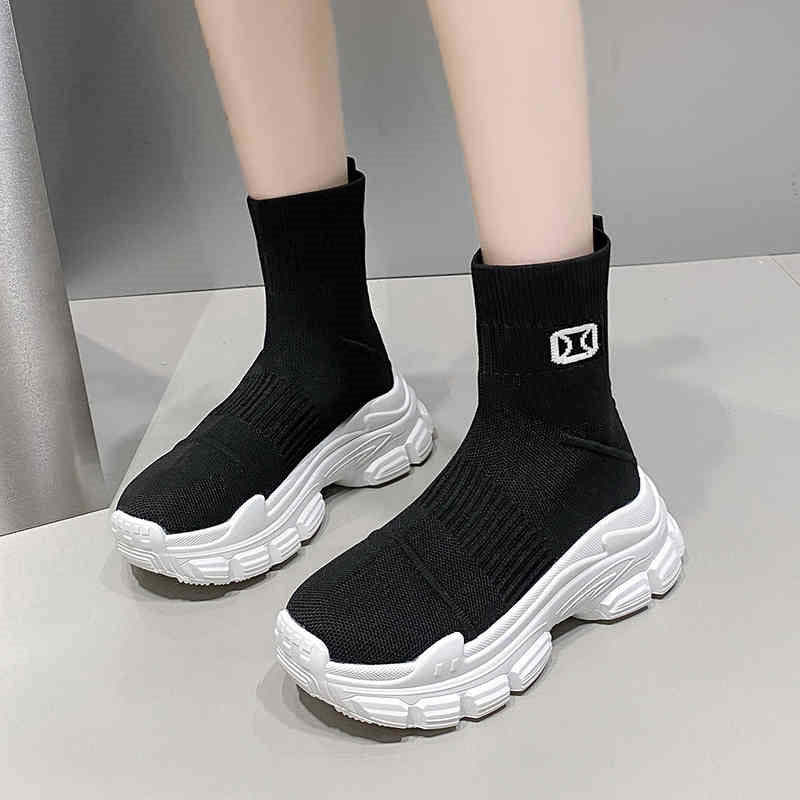 Spring Autumn Flyknit Elastic Thick Sole Heeled Boots