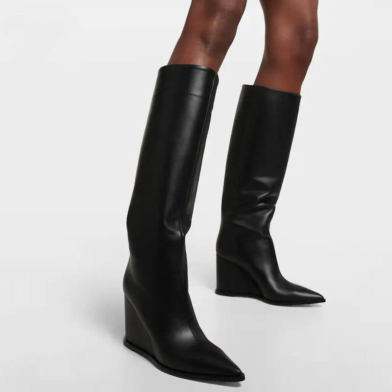 Women’s Large Tube Leather Wedge High Boots