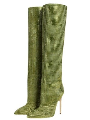 Velvet Rhinestone Pointed Toe Stiletto Boots