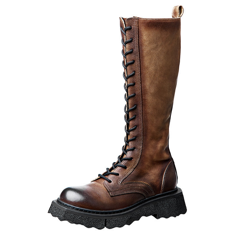 Men's Vintage Leather Martin Boots, Medium Heel, Brown