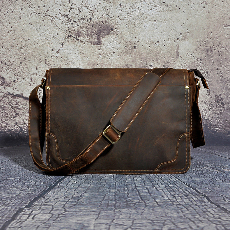 The First Layer Of Crazy Horse Leather Cowhide Men's 14-inch Computer One-shoulder Diagonal Bag