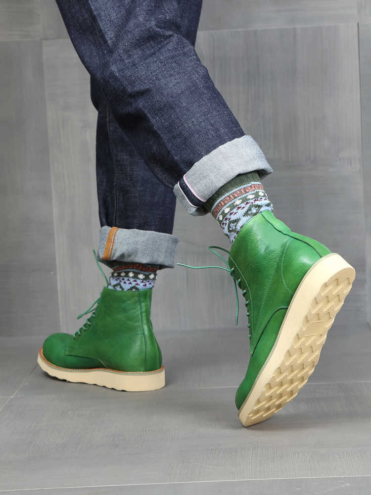Retro Distressed Green Worker Boots | Breathable Leather