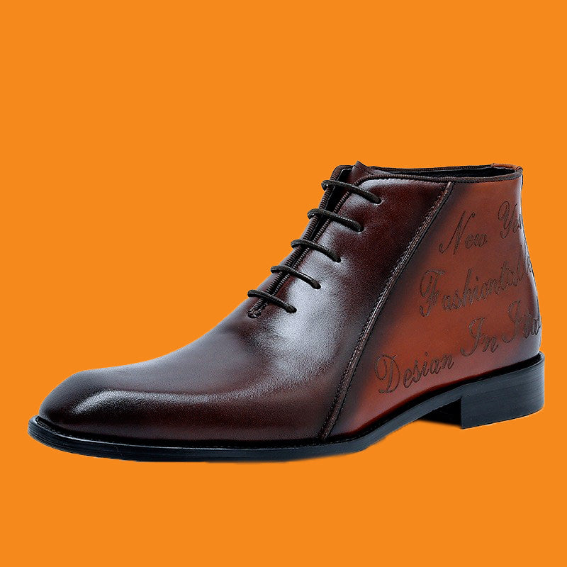Brown leather boot with black laces on an orange background