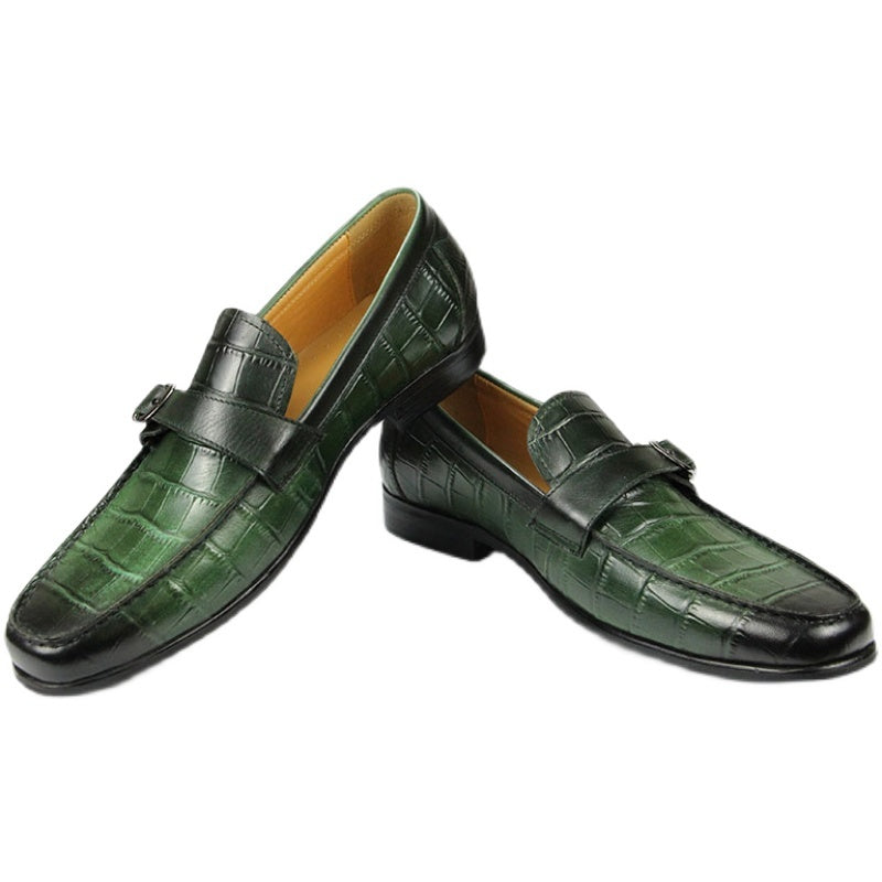 Men’s Slip-On Casual Cowhide Peas Shoes, Green/Black
