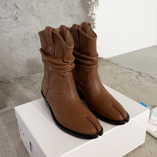 Round Toe Leather Split Toe Ankle Boots with Horseshoe Heel