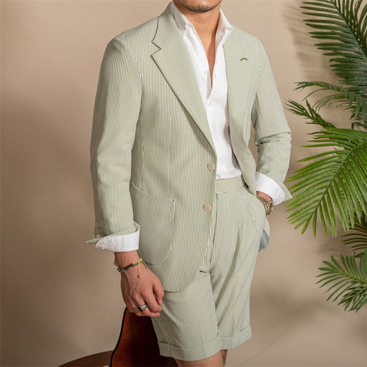 Striped Green Slim-Fit Seersucker Blazer