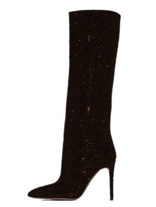Velvet Rhinestone Pointed Toe Stiletto Boots