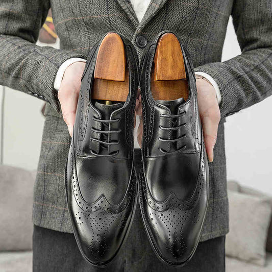 Men's Handmade Cowhide Brogue Leather Shoes, Pointed Toe