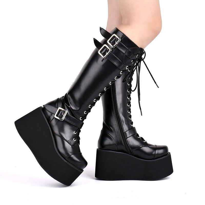 Punk High Tube Muffin Heel Lace-Up Zipper Boots