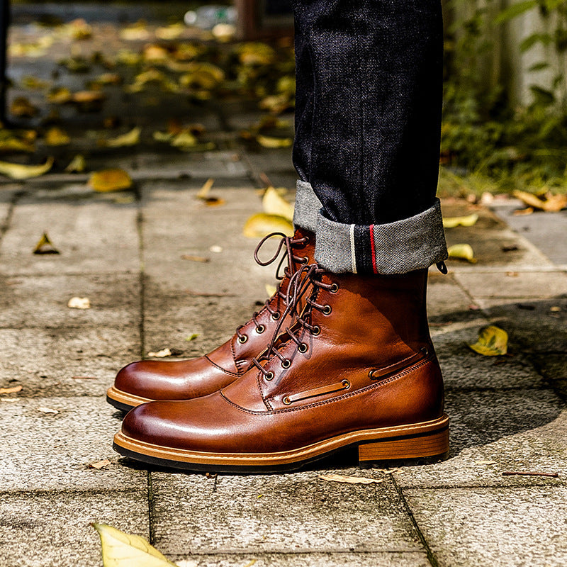 British Men's Retro Martin Boots | Cowhide Leather Brown