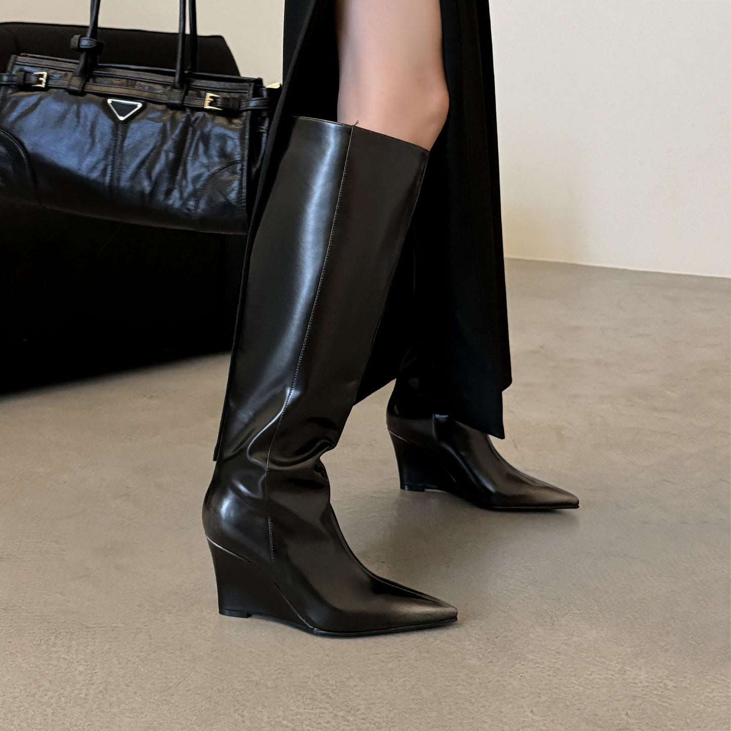 Women’s Cowhide Pointed Toe Wedge High Boots