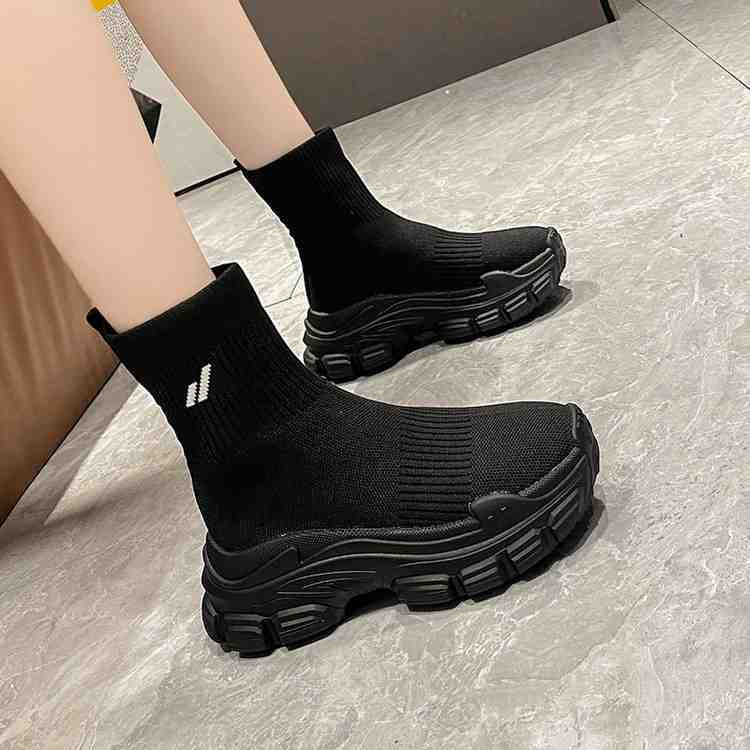 Spring Autumn Flyknit Elastic Thick Sole Heeled Boots