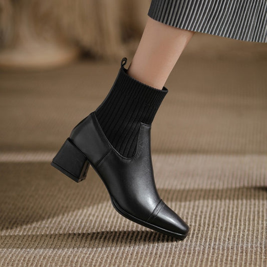 Leather Square Toe Mid-Heel Chunky Sole Boots