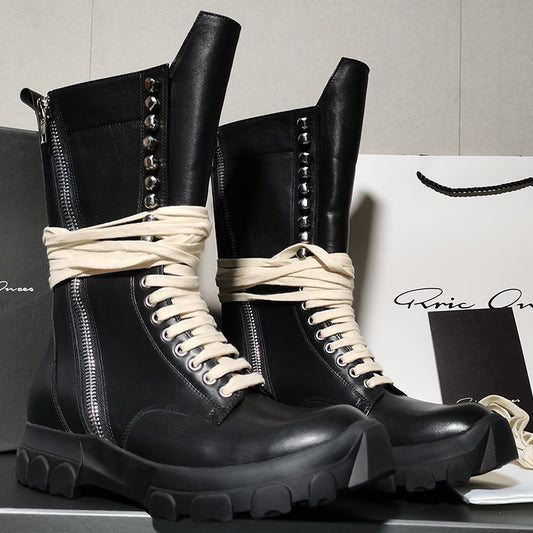 Men's Knight Boots Cowhide Double Zipper Black