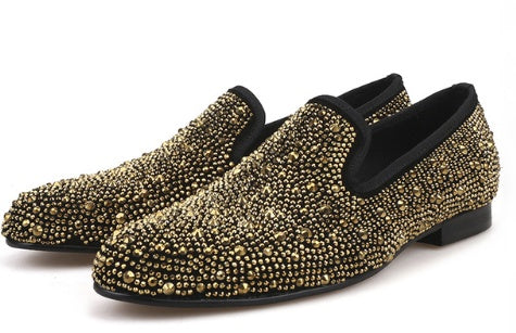 Men's Black Abrasive Leather Golden Diamond Casual Shoes