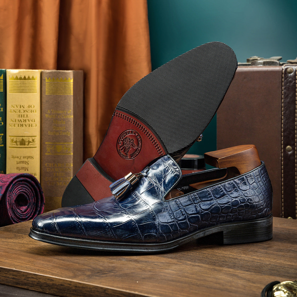 Blue British Business Casual Leather Shoes, Low Heel