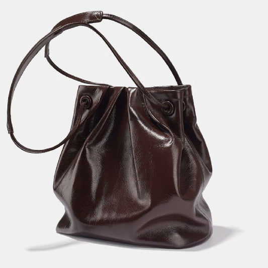 Women's Oil Wax Leather Drawstring Bucket Bag - Multi Color