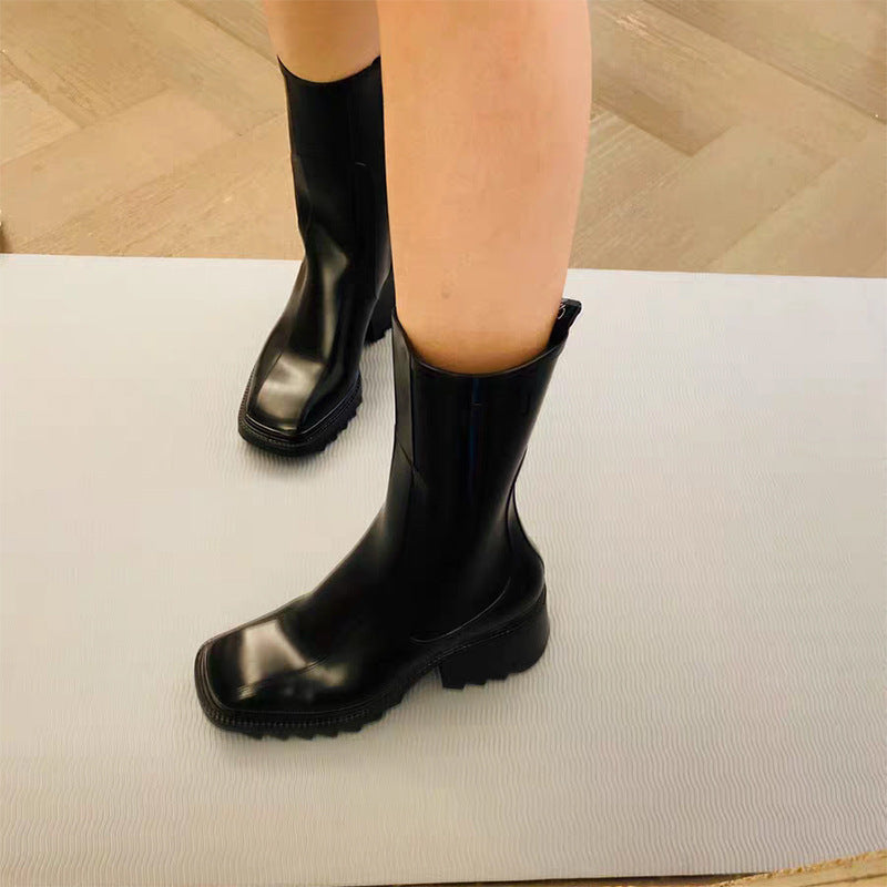 Women's Wavy Thick Sole Mid Boots Black Alpaca Skin