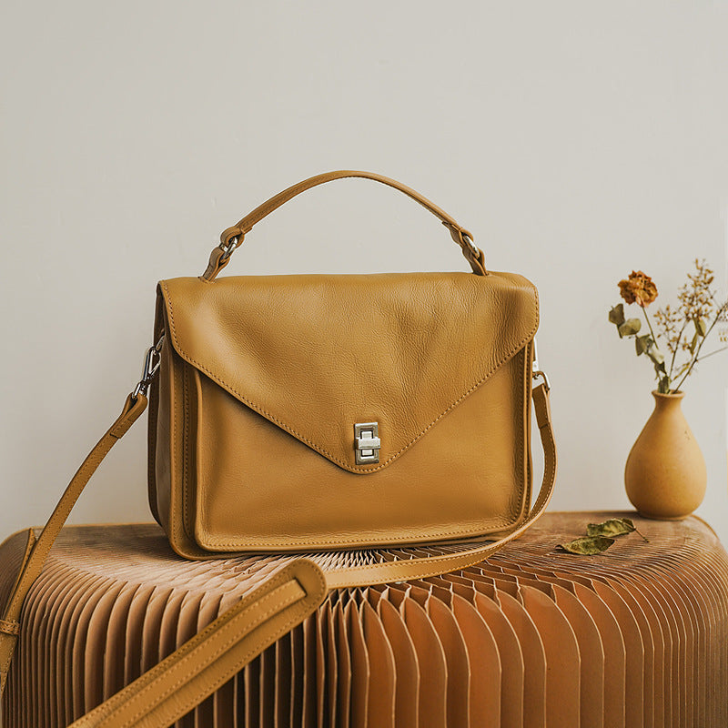 Genuine Soft Cowhide Leather Messenger Bag, Black/Yellow