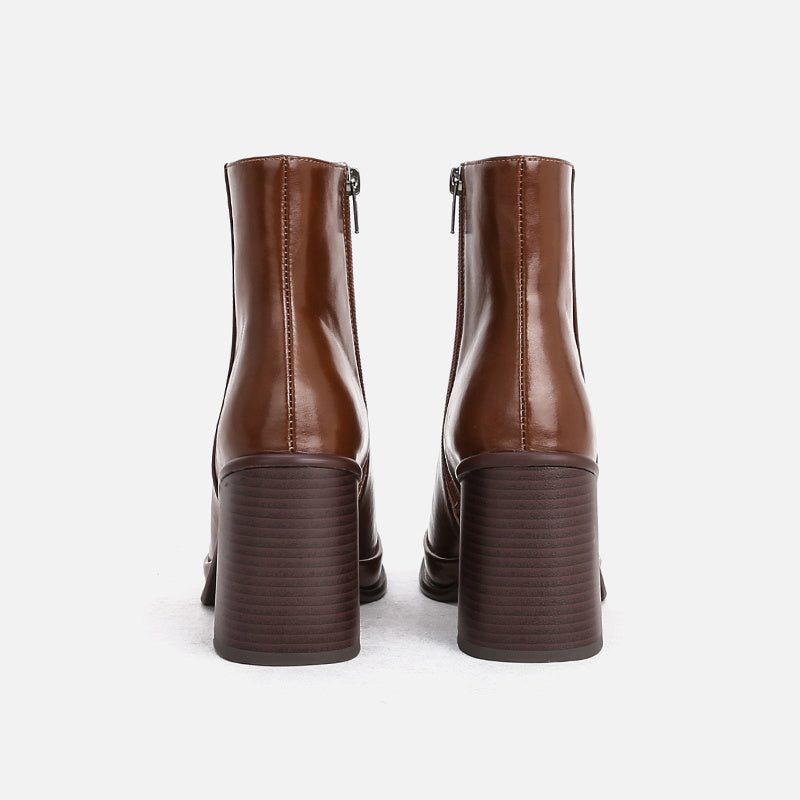 Waterproof Leather Ankle Boots Thick Heel Square Toe