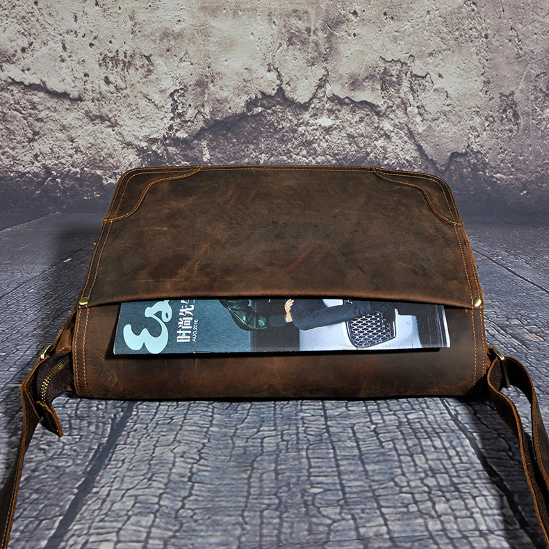 The First Layer Of Crazy Horse Leather Cowhide Men's 14-inch Computer One-shoulder Diagonal Bag
