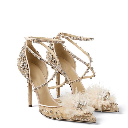 Nude Lace Rhinestone Floral Pumps - Pointed Toe Heel