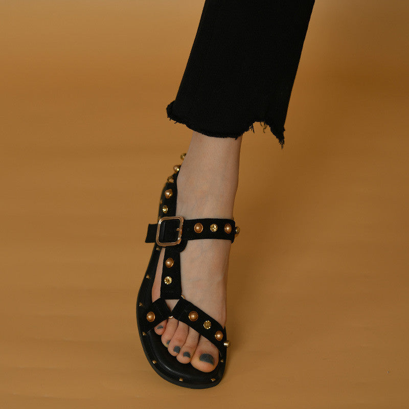 Black Flat Orange Roman Holiday Style Women's Sandals