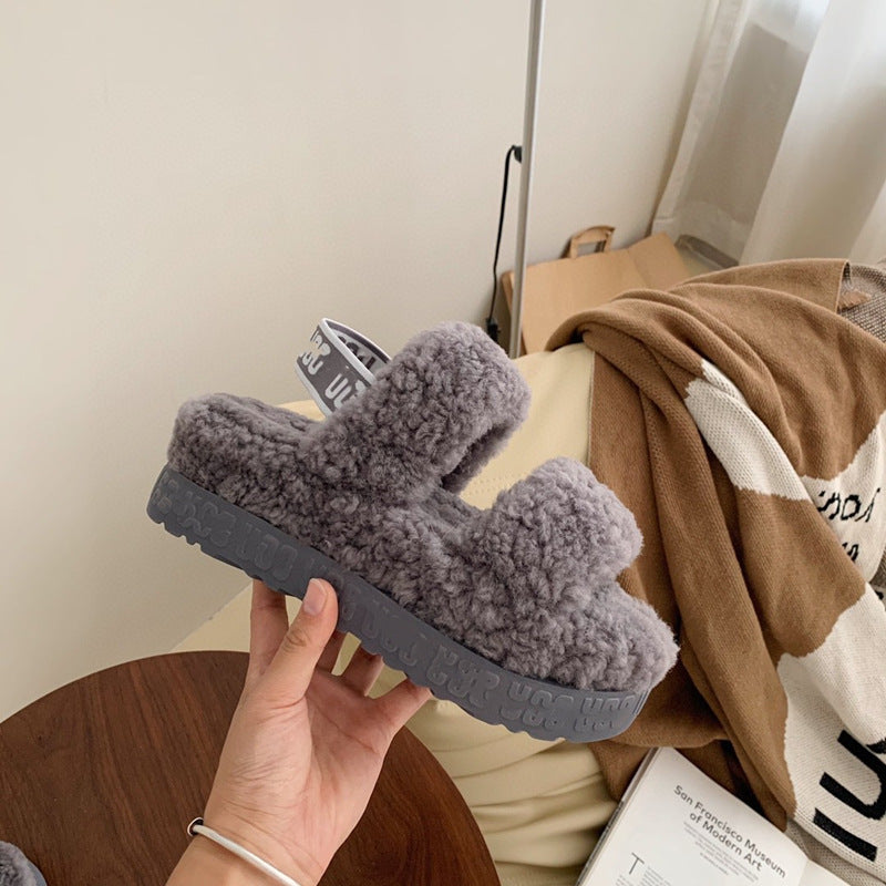 Autumn And Winter Furry Teddy Wool Sponge Cake Platform Slippers