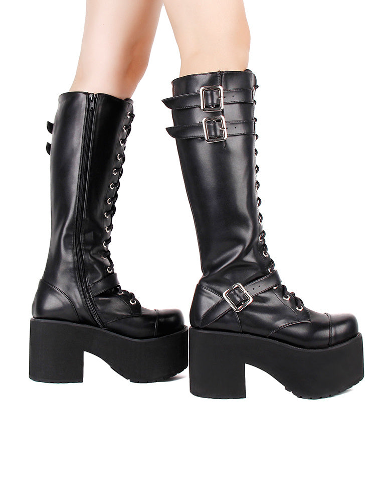 Punk High Tube Muffin Heel Lace-Up Zipper Boots