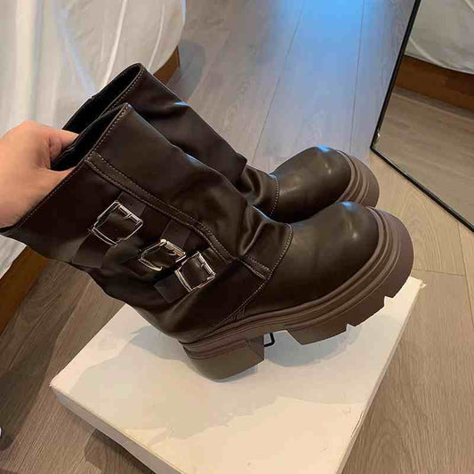 Genuine Leather Belt Buckle Platform Motorcycle Boots